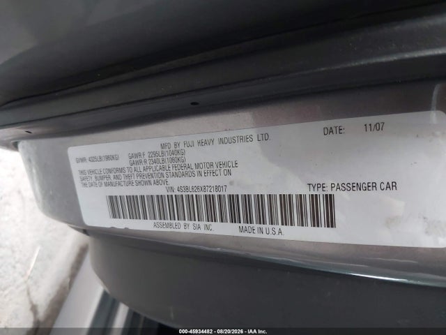 45934482 :رقم المزاد ، 4S3BL626X87218017 vin ، 2008 Subaru Legacy 2.5i Limited مزاد بيع