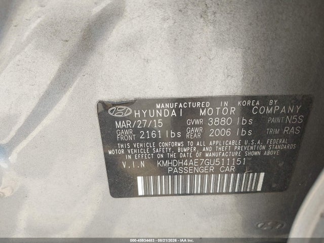 45934483 :رقم المزاد ، KMHDH4AE7GU511151 vin ، 2016 Hyundai Elantra Se مزاد بيع