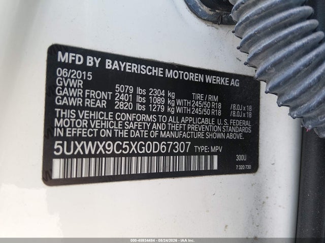 2016 Bmw X3 Xdrive28i მანქანა იყიდება აუქციონზე, vin: 5UXWX9C5XG0D67307, აუქციონის ნომერი: 45934484