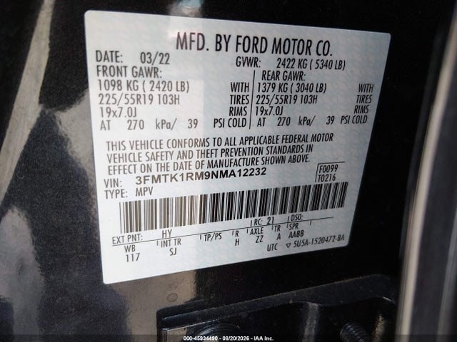 Aukcja sprzedaży 2022 Ford Mustang Mach-e Select, vin: 3FMTK1RM9NMA12232, numer aukcji: 45934490