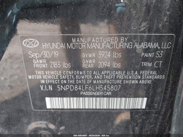 45934497 :رقم المزاد ، 5NPD84LF6LH545807 vin ، 2020 Hyundai Elantra Sel مزاد بيع