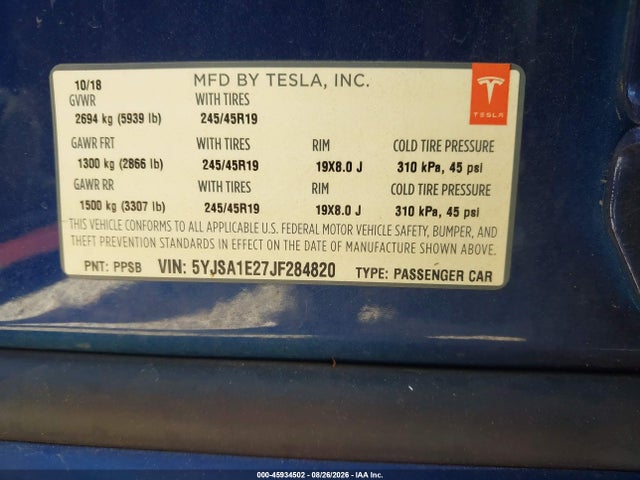 Aukcja sprzedaży 2018 Tesla Model S 100d/75d/p100d, vin: 5YJSA1E27JF284820, numer aukcji: 45934502