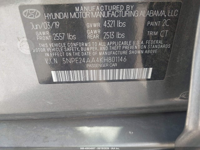 45934507 :رقم المزاد ، 5NPE24AA4KH801146 vin ، 2019 Hyundai Sonata Eco مزاد بيع