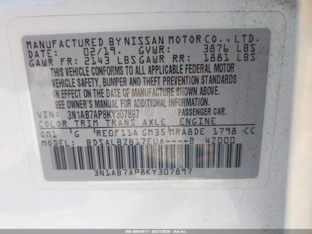 45934517 :رقم المزاد ، 3N1AB7AP8KY307897 vin ، 2019 Nissan Sentra S مزاد بيع