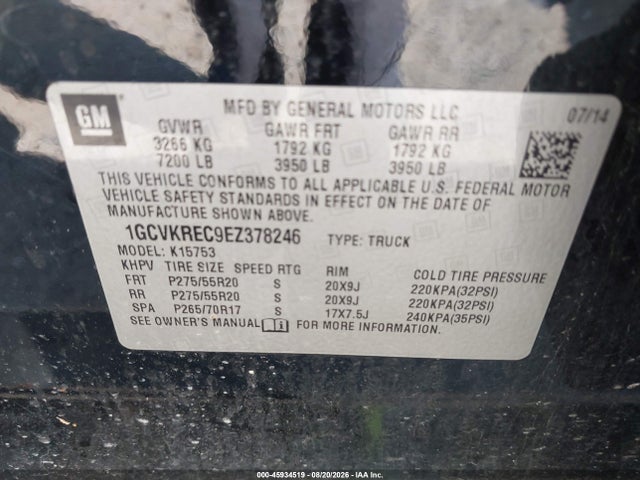 45934519 :رقم المزاد ، 1GCVKREC9EZ378246 vin ، 2014 Chevrolet Silverado 1500 Lt مزاد بيع