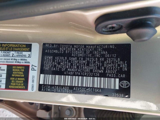 2012 Toyota Camry Xle მანქანა იყიდება აუქციონზე, vin: 4T4BF1FK1CR232126, აუქციონის ნომერი: 45934522