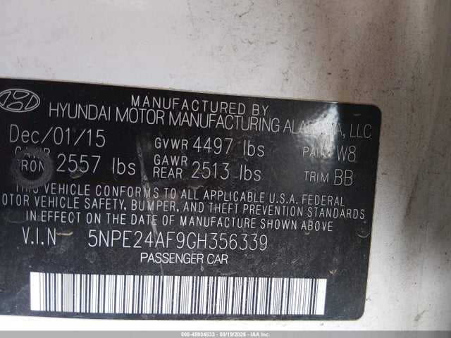 5NPE24AF9GH356339 Hyundai SONATA SE