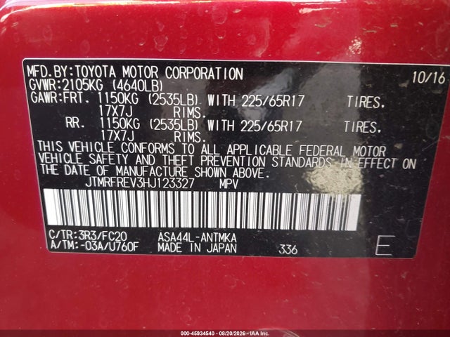 JTMRFREV3HJ123327 Toyota Rav4 Xle