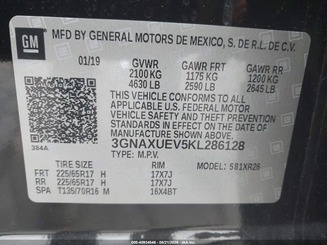 Aukcja sprzedaży 2019 Chevrolet Equinox Lt, vin: 3GNAXUEV5KL286128, numer aukcji: 45934546