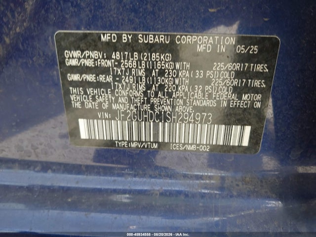 45934558 :رقم المزاد ، JF2GUHDC1SH294973 vin ، 2025 Subaru Crosstrek Premium مزاد بيع