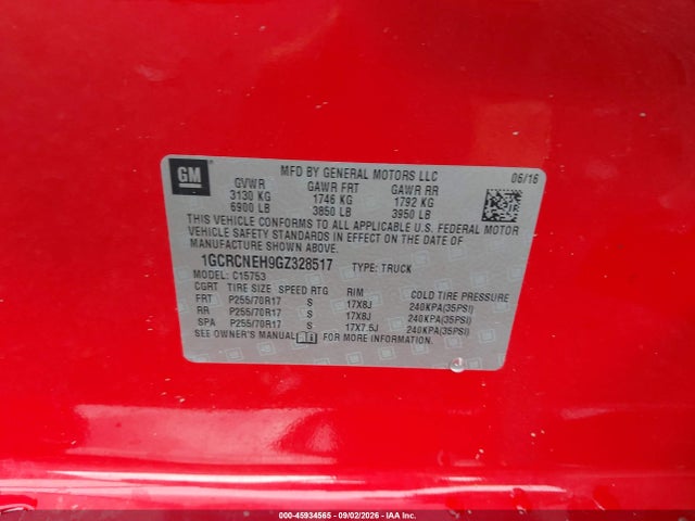 45934565 :رقم المزاد ، 1GCRCNEH9GZ328517 vin ، 2016 Chevrolet Silverado 1500 Work Truck مزاد بيع