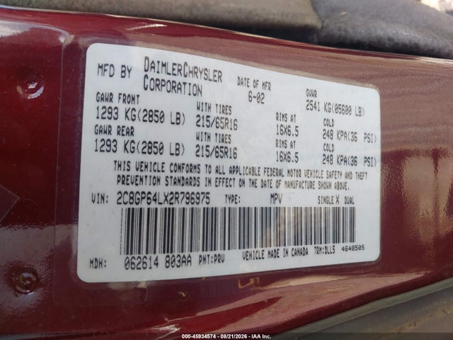 45934574 :رقم المزاد ، 2C8GP64LX2R796975 vin ، 2002 Chrysler Town & Country Limited مزاد بيع