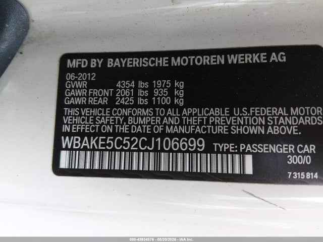 Продажа на аукционе авто 2012 Bmw 328i, vin: WBAKE5C52CJ106699, номер лота: 45934576