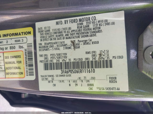 Aukcja sprzedaży 2014 Ford Fusion Energi Titanium, vin: 3FA6P0SU6ER111610, numer aukcji: 45934577