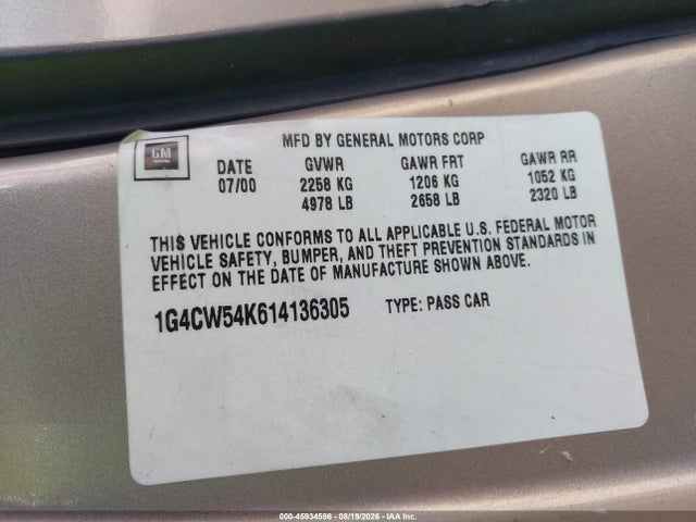 Продажа на аукционе авто 2001 Buick Park Avenue, vin: 1G4CW54K614136305, номер лота: 45934596