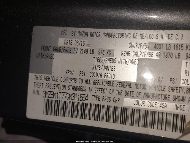 Продаж на аукціоні авто 2016 Mazda Mazda3 I Sport, vin: 3MZBM1T77GM311554, номер лоту: 45934597