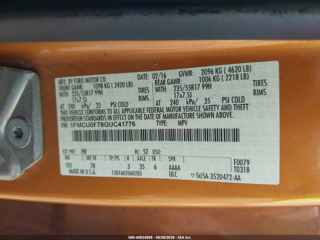 Aukcja sprzedaży 2016 Ford Escape S, vin: 1FMCU0F78GUC41776, numer aukcji: 45934599