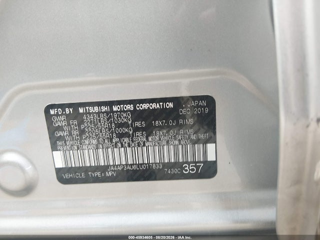 45934605 :رقم المزاد ، JA4AP3AU6LU017833 vin ، 2020 Mitsubishi Outlander Sport 2.0 Es مزاد بيع