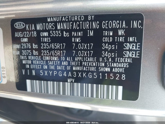 45934615 :رقم المزاد ، 5XYPG4A3XKG511528 vin ، 2019 Kia Sorento 2.4l Lx مزاد بيع