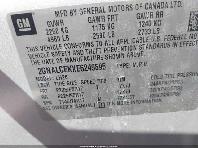 Продаж на аукціоні авто 2014 Chevrolet Equinox Lt, vin: 2GNALCEKXE6249595, номер лоту: 45934627