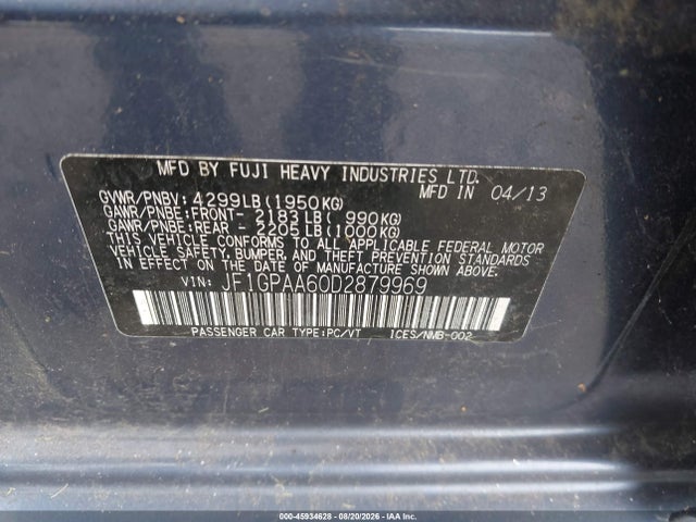45934628 :رقم المزاد ، JF1GPAA60D2879969 vin ، 2013 Subaru Impreza 2.0i مزاد بيع