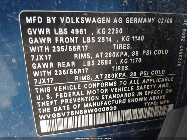 45934635 :رقم المزاد ، WVGBV75N69W000839 vin ، 2009 Volkswagen Tiguan Se/sel مزاد بيع