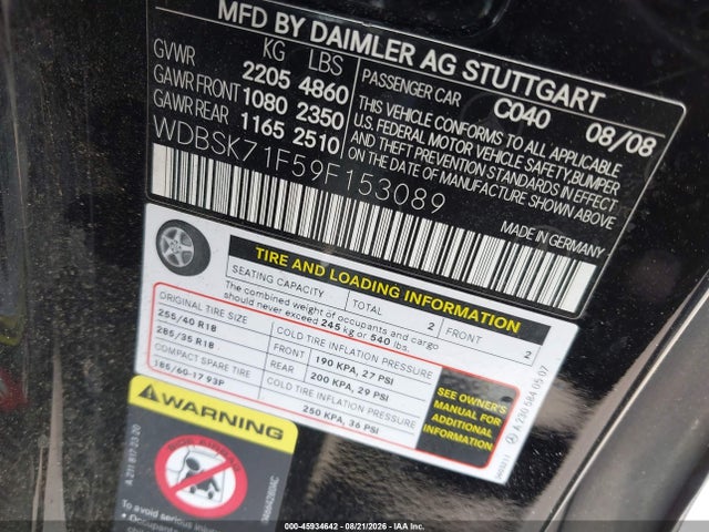 45934642 :رقم المزاد ، WDBSK71F59F153089 vin ، 2009 Mercedes-benz Sl 550 مزاد بيع