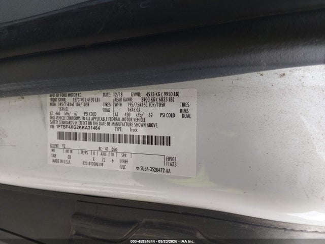 2019 Ford Transit-350 მანქანა იყიდება აუქციონზე, vin: 1FTBF4XG2KKA31484, აუქციონის ნომერი: 45934644