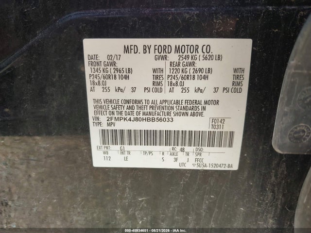 Aukcja sprzedaży 2017 Ford Edge Sel, vin: 2FMPK4J80HBB56033, numer aukcji: 45934651