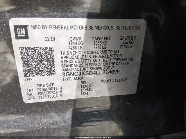 2020 Chevrolet Trax Fwd Ls მანქანა იყიდება აუქციონზე, vin: 3GNCJKSB4LL214699, აუქციონის ნომერი: 45934660
