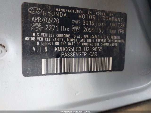Продаж на аукціоні авто 2020 Hyundai Ioniq Hybrid Blue, vin: KMHC65LC3LU219865, номер лоту: 45934663