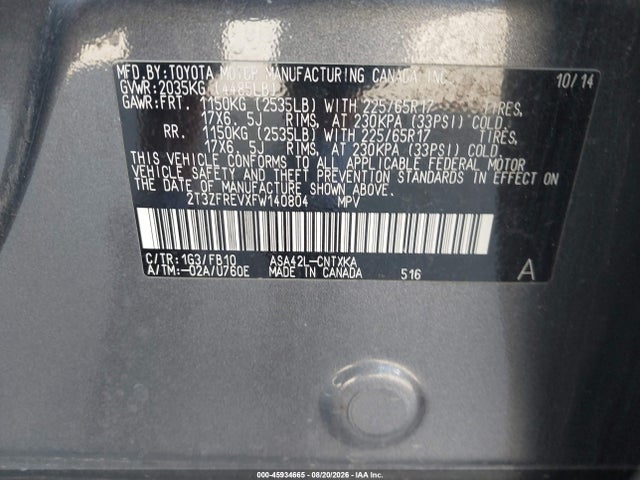 45934665 :رقم المزاد ، 2T3ZFREVXFW140804 vin ، 2015 Toyota Rav4 Le مزاد بيع