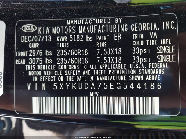 2014 Kia Sorento Ex V6 მანქანა იყიდება აუქციონზე, vin: 5XYKUDA75EG544186, აუქციონის ნომერი: 45934675