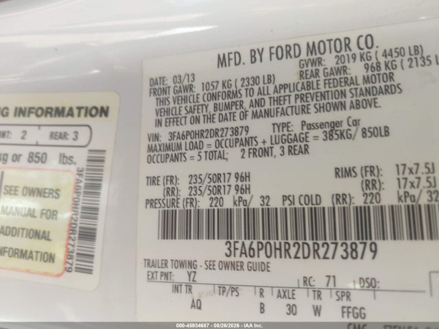 45934687 :رقم المزاد ، 3FA6P0HR2DR273879 vin ، 2013 Ford Fusion Se مزاد بيع