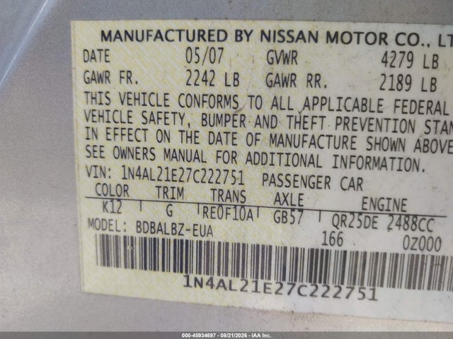 45934697 :رقم المزاد ، 1N4AL21E27C222751 vin ، 2007 Nissan Altima 2.5 S مزاد بيع