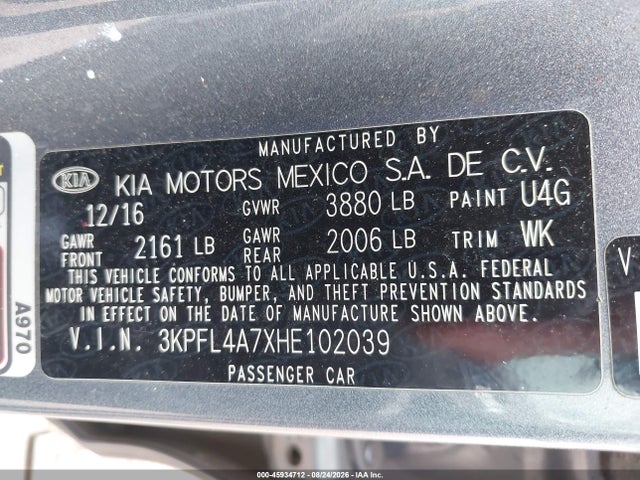 Aukcja sprzedaży 2017 Kia Forte S, vin: 3KPFL4A7XHE102039, numer aukcji: 45934712