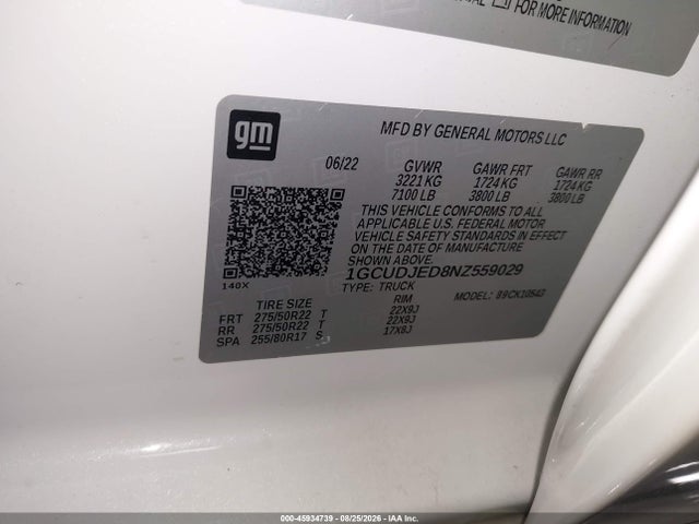 Aukcja sprzedaży 2022 Chevrolet Silverado 1500 4wd  Short Bed High Country, vin: 1GCUDJED8NZ559029, numer aukcji: 45934739