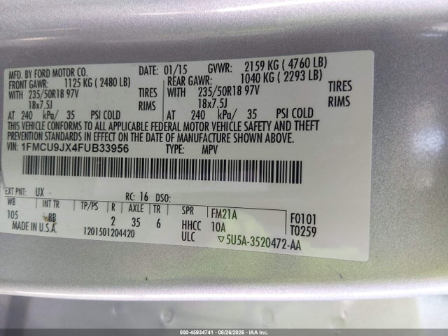 Продаж на аукціоні авто 2015 Ford Escape Titanium, vin: 1FMCU9JX4FUB33956, номер лоту: 45934741