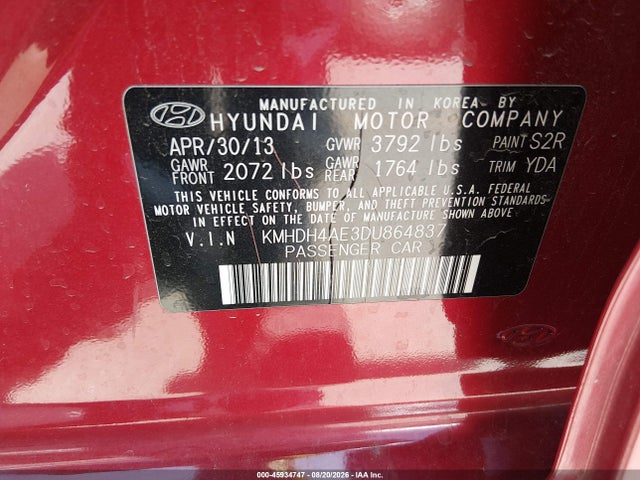 45934747 :رقم المزاد ، KMHDH4AE3DU864837 vin ، 2013 Hyundai Elantra Gls مزاد بيع