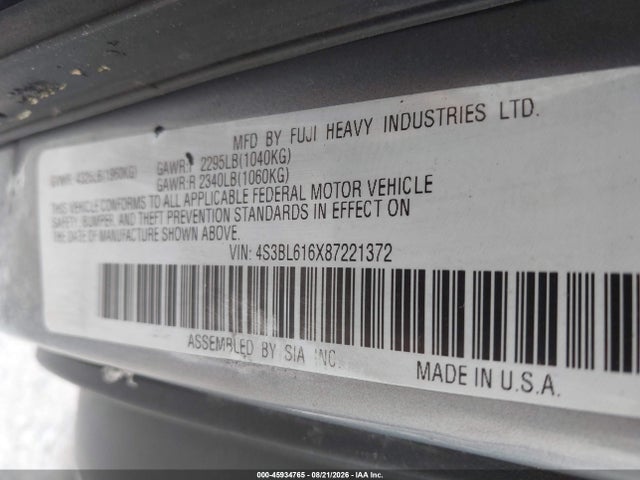 45934765 :رقم المزاد ، 4S3BL616X87221372 vin ، 2008 Subaru Legacy 2.5i مزاد بيع