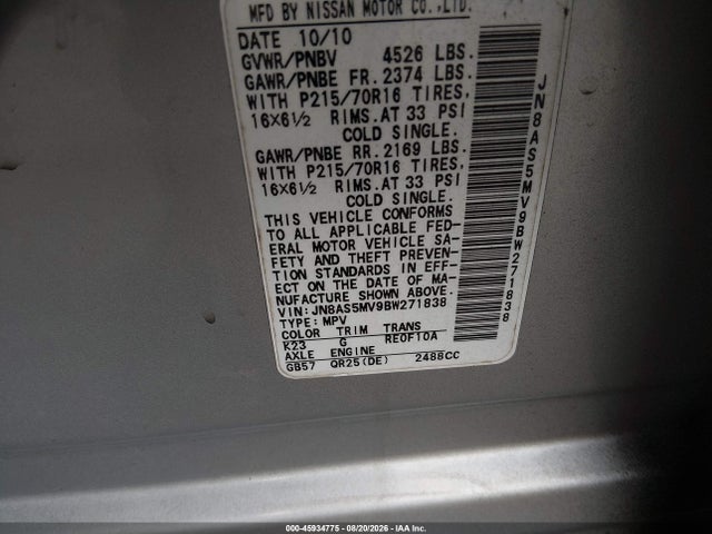 45934775 :رقم المزاد ، JN8AS5MV9BW271838 vin ، 2011 Nissan Rogue S/sv/krom مزاد بيع