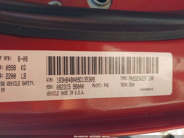 2009 Dodge Caliber Sxt მანქანა იყიდება აუქციონზე, vin: 1B3HB48A09D135309, აუქციონის ნომერი: 45934789