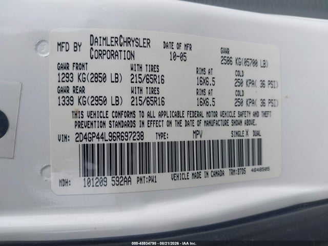 Aukcja sprzedaży 2006 Dodge Grand Caravan Sxt, vin: 2D4GP44L96R697238, numer aukcji: 45934795