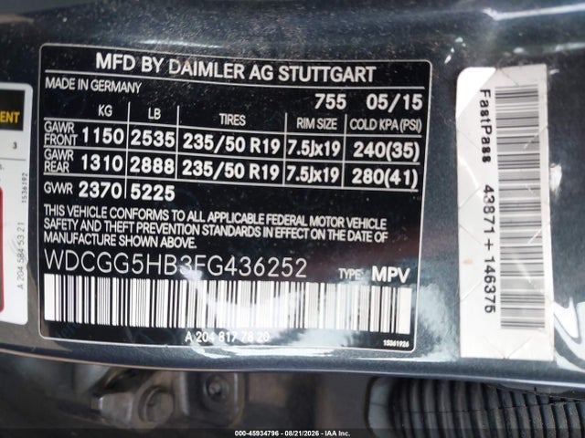 Продаж на аукціоні авто 2015 Mercedes-benz Glk 350, vin: WDCGG5HB3FG436252, номер лоту: 45934796