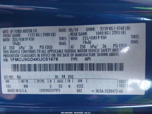 Продаж на аукціоні авто 2019 Ford Escape Se, vin: 1FMCU9GD4KUC01678, номер лоту: 45934806