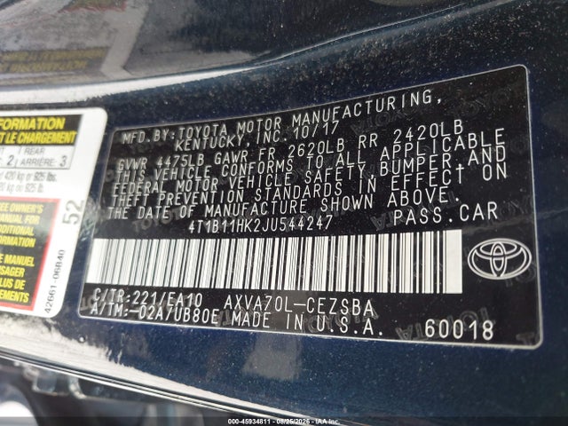 2018 Toyota Camry Se მანქანა იყიდება აუქციონზე, vin: 4T1B11HK2JU544247, აუქციონის ნომერი: 45934811