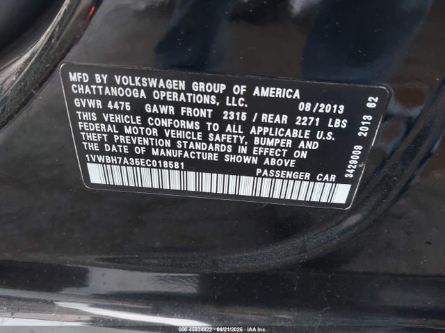 Aukcja sprzedaży 2014 Volkswagen Passat 2.5l Se, vin: 1VWBH7A35EC018581, numer aukcji: 45934822