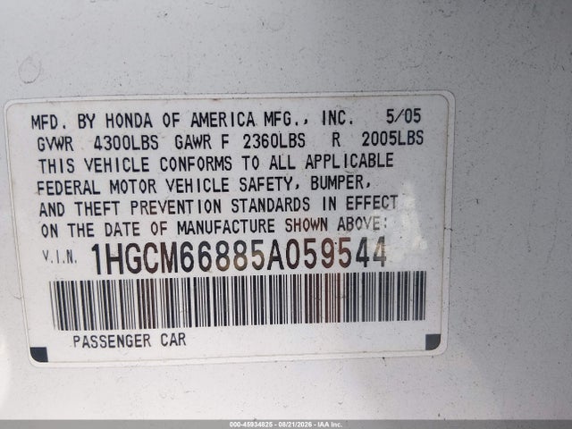 Aukcja sprzedaży 2005 Honda Accord 3.0 Ex, vin: 1HGCM66885A059544, numer aukcji: 45934825