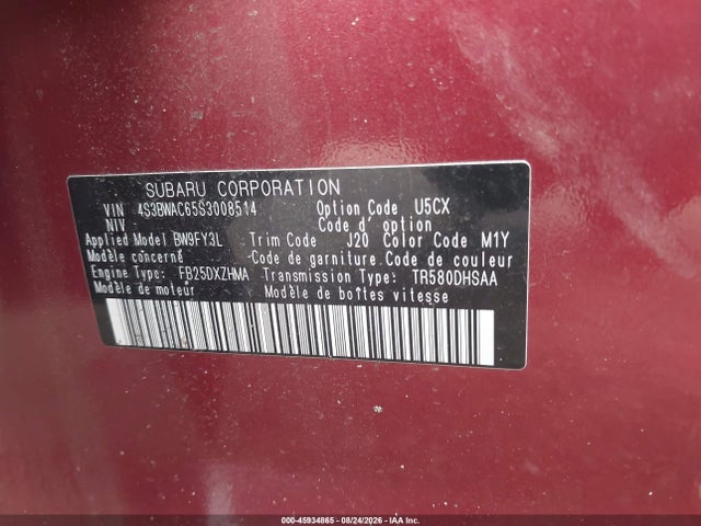 Aukcja sprzedaży 2025 Subaru Legacy Premium, vin: 4S3BWAC65S3008514, numer aukcji: 45934865