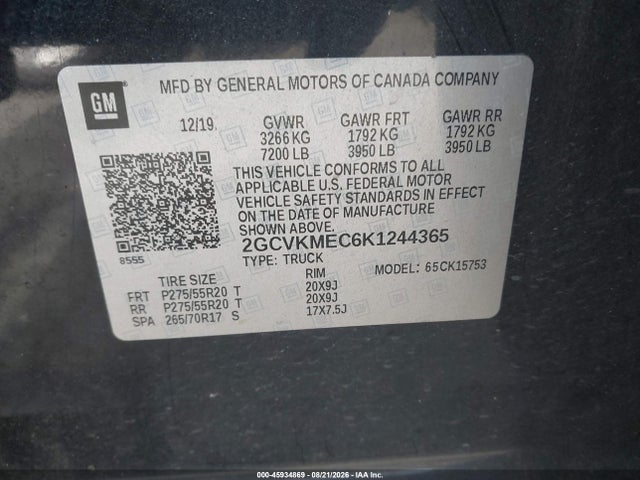 45934869 :رقم المزاد ، 2GCVKMEC6K1244365 vin ، 2019 Chevrolet Silverado 1500 Ld Silverado Custom مزاد بيع